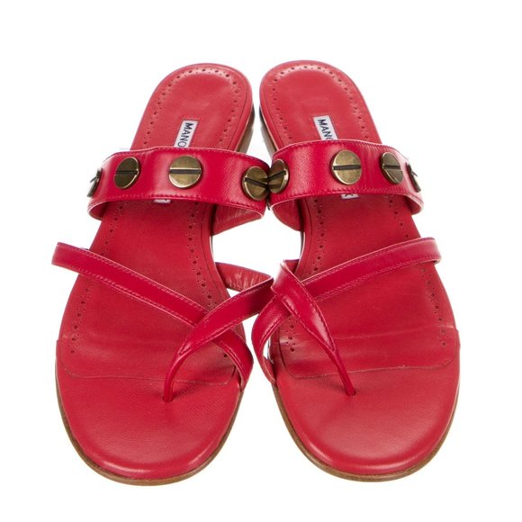 Manolo Blahnik Red Leather Studded SUSA Slides *Runs SUPER Small* - Picture 6 of 10